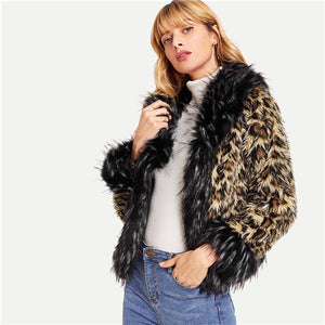 SHEIN Multicolor Elegant Highstreet Faux Fur Leopard Print Long Sleeve Casual Coat 2018 Winter Streetwear Woman Fur Coats