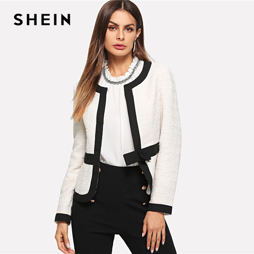 SHEIN White Bow Front Bolero Blazer Workwear Elegant Long Sleeve Bolero Coats Women Autumn Office Ladies Minimalist Outerwear