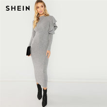 Load image into Gallery viewer, SHEIN Grey Elegant Party Ruffle Detail Round Neck Long Sleeve Natural Waist Solid Dress 2018 Autumn Highstreet Women Dresses