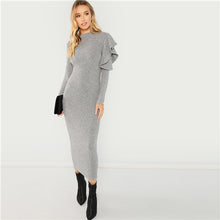 Load image into Gallery viewer, SHEIN Grey Elegant Party Ruffle Detail Round Neck Long Sleeve Natural Waist Solid Dress 2018 Autumn Highstreet Women Dresses