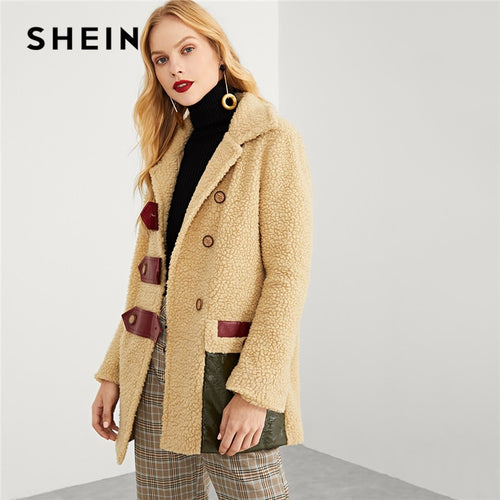 SHEIN Apricot Elegant Highstreet Contrast Pocket Front Teddy Double Breasted Coat 2018 Autumn Workwear Women Coats Outerwear