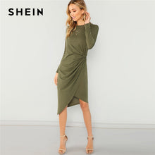 Load image into Gallery viewer, SHEIN Army Green Elegant Casual Draped Asymmetric Natural Waist Long Sleeve Solid Dress 2018 Autumn Party Women Dresses