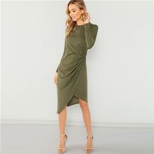 Load image into Gallery viewer, SHEIN Army Green Elegant Casual Draped Asymmetric Natural Waist Long Sleeve Solid Dress 2018 Autumn Party Women Dresses