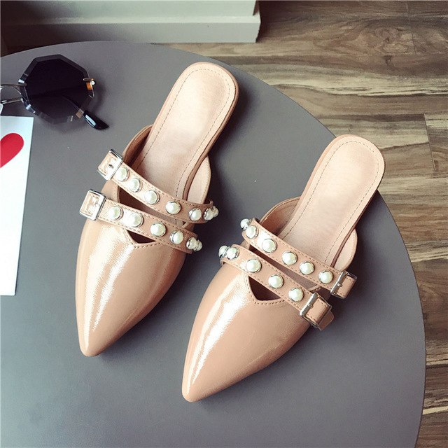 2018 Summer Shoes Women Brand Slippers Pointed toe Sexy Ladies Footwear Flat Pearl Luxury Women's Slippers A009