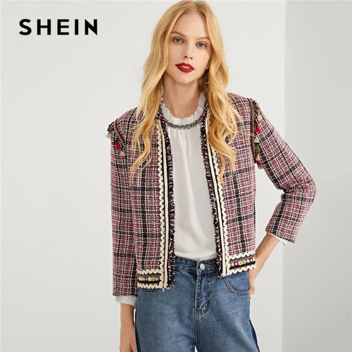 SHEIN Tassel Detail Plaid Coat Elegant Fringe Long Sleeve Blazers Women Autumn Casual Modern Lady Workwear Outerwear