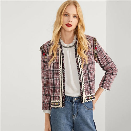 SHEIN Tassel Detail Plaid Coat Elegant Fringe Long Sleeve Blazers Women Autumn Casual Modern Lady Workwear Outerwear