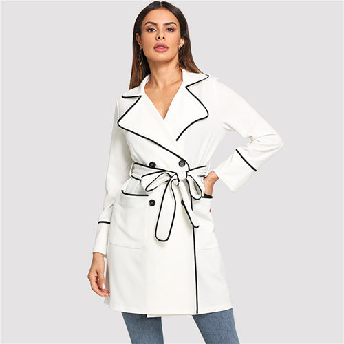 SHEIN White Office Lady Elegant Contrast Binding Self Belted Surplice Wrap Coat 2018 Autumn Highstreet Women Coats Outerwear