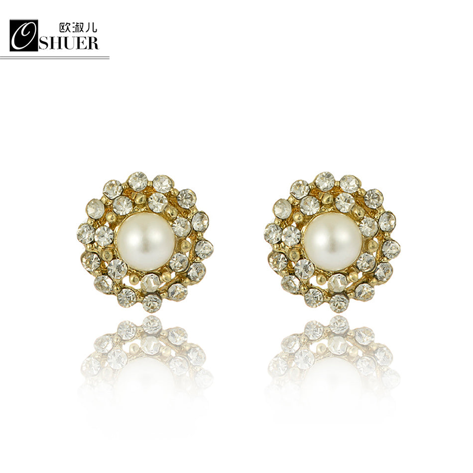 New fashion statement  Free shipping gold daimond with pearl stud earrings